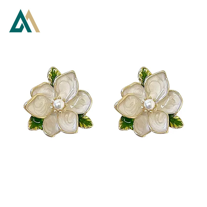 Vintage Light Luxury Gardenia Enamel Pearl 925 Silver Needle Earrings