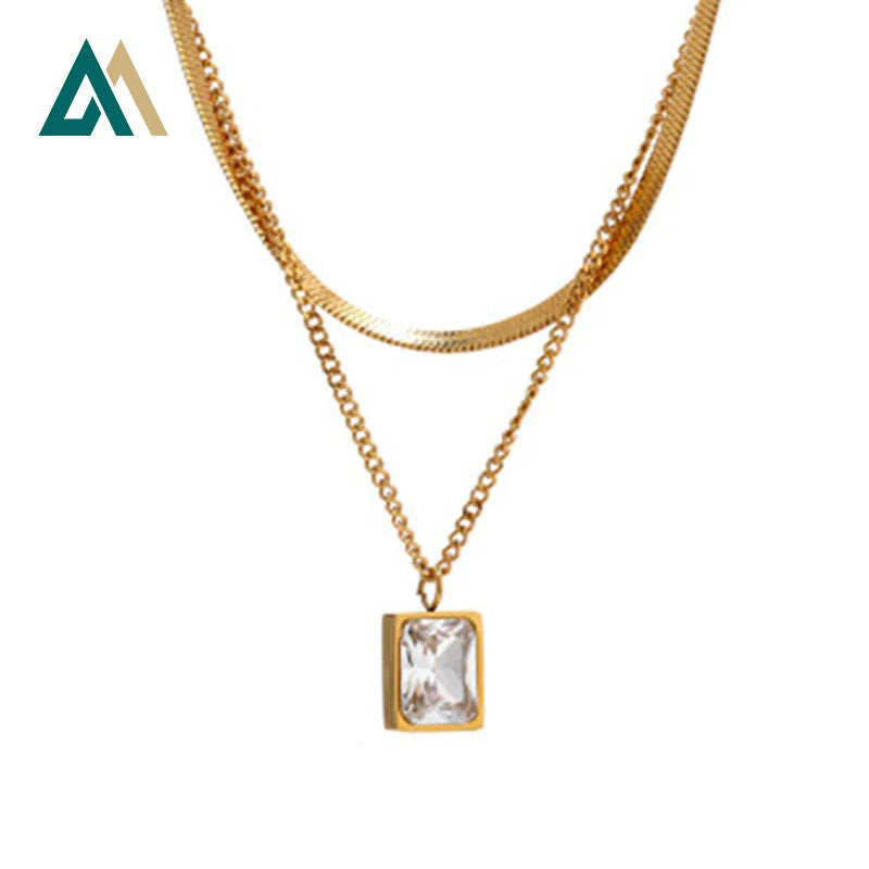 Double layer 18K golden snake chain necklace mini exquisite square diamond crystal pendant necklace