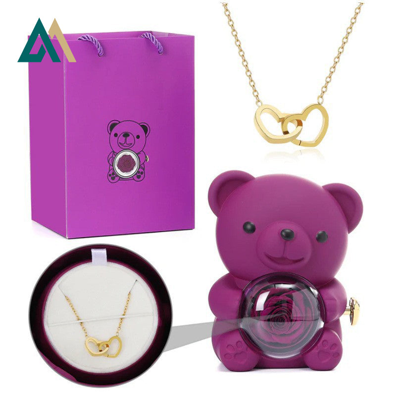 Double Heart Engraved Necklace & Eternal Bear Box
