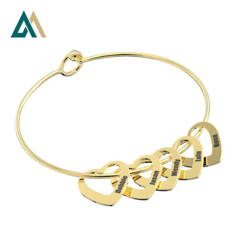 Bangle Bracelet with Custom Heart Pendants in 18K Gold Plating