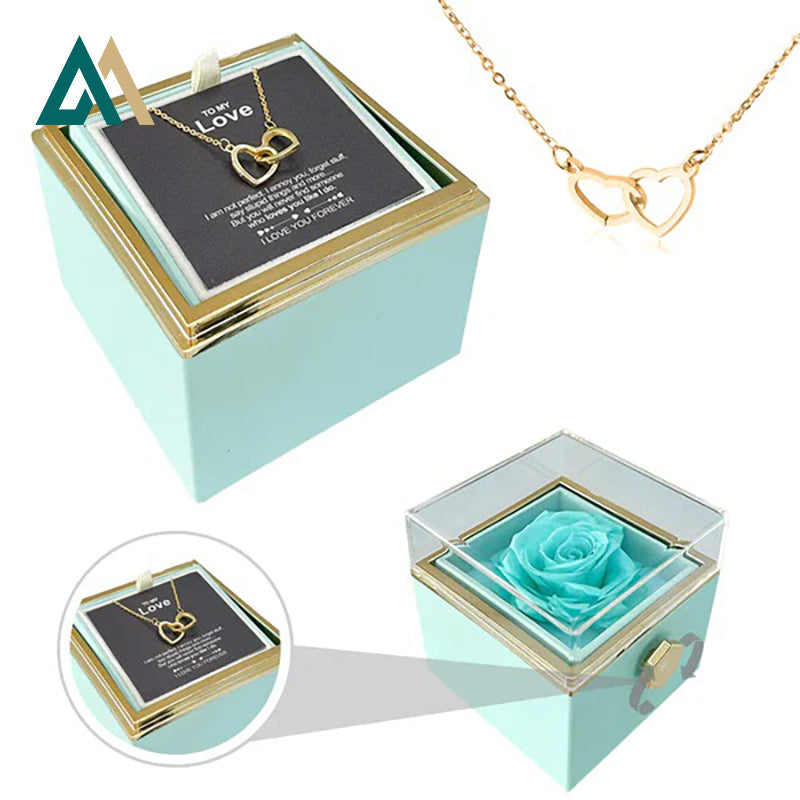 Double Heart Engraved Necklace & Eternal Rose Box