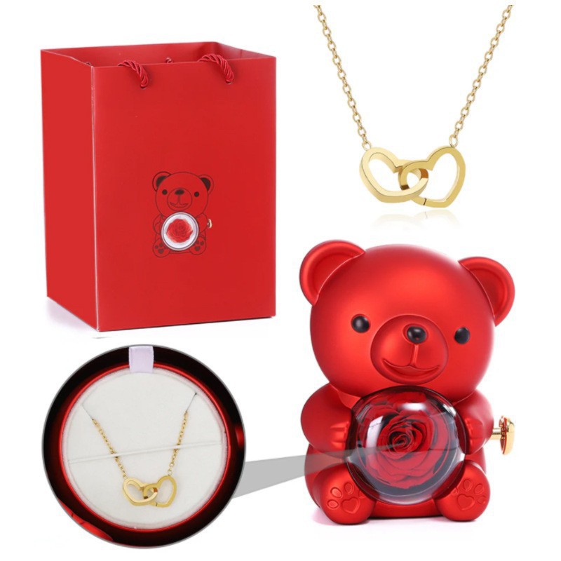 Double Heart Engraved Necklace & Eternal Bear Box