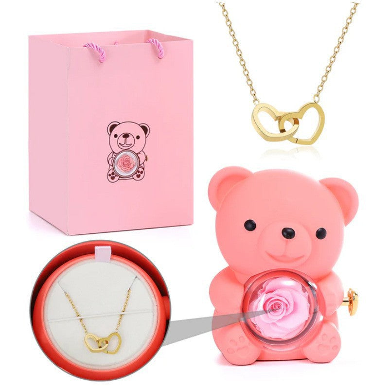 Double Heart Engraved Necklace & Eternal Bear Box
