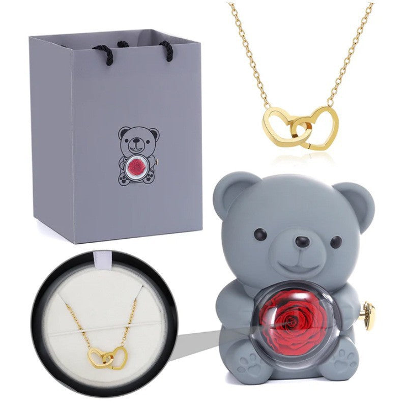 Double Heart Engraved Necklace & Eternal Bear Box