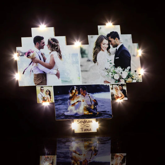Lámpara de collage de fotos en forma de corazón personalizado