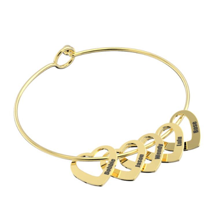 Bangle Bracelet with Custom Heart Pendants in 18K Gold Plating
